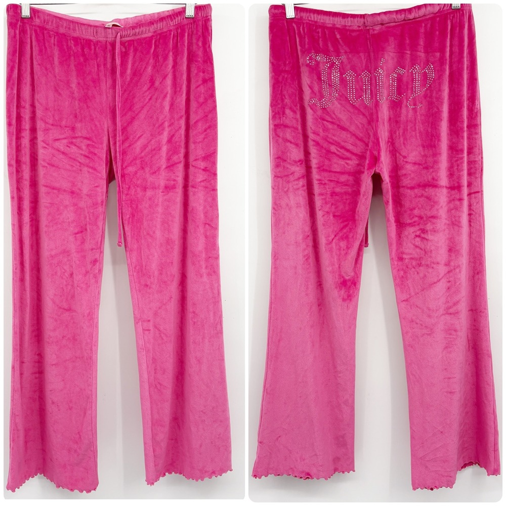 Juicy Couture‎ Womens Hot Pink Velour Rhinestone Y2K McBling Flare Pants Size XL